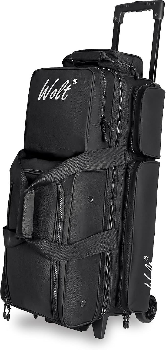 WOLT 3 Ball Bowling Bags with Wheels,Bowling Ball Bag 3 Ball Roller with Separate Shoe Compartment and Accessory Pocket, Retractable Handle Extends to 38’’