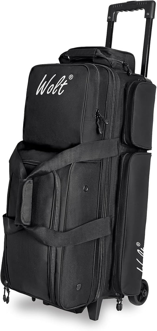 WOLT 3 Ball Bowling Bags with Wheels,Bowling Ball Bag 3 Ball Roller with Separate Shoe Compartment and Accessory Pocket, Retractable Handle Extends to 38’’