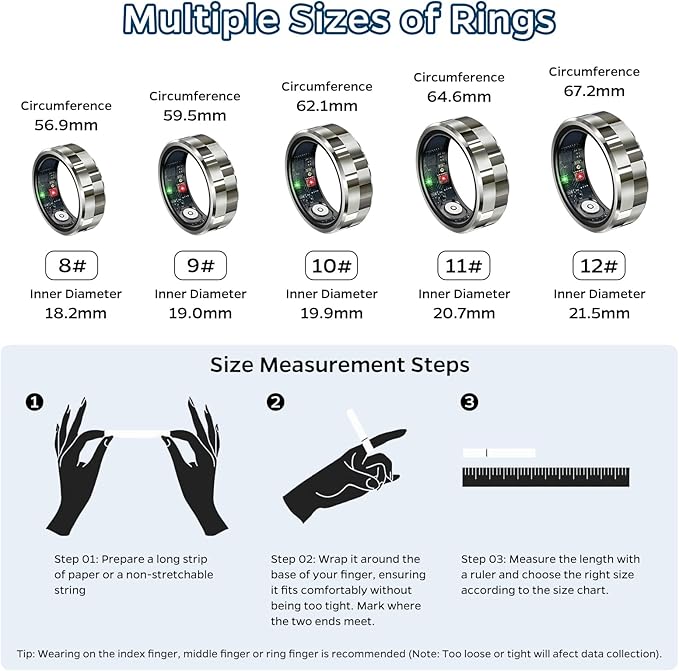 Smart Ring Health Tracker, Sleep Tracker Ring with Heart Rate,Waterproof Fitness Ring for Activity Monitoring/Steps/Distance/Calories,Air Gestures,Up to 7Day Battery,for iOS Android(Stylish Silver#10)