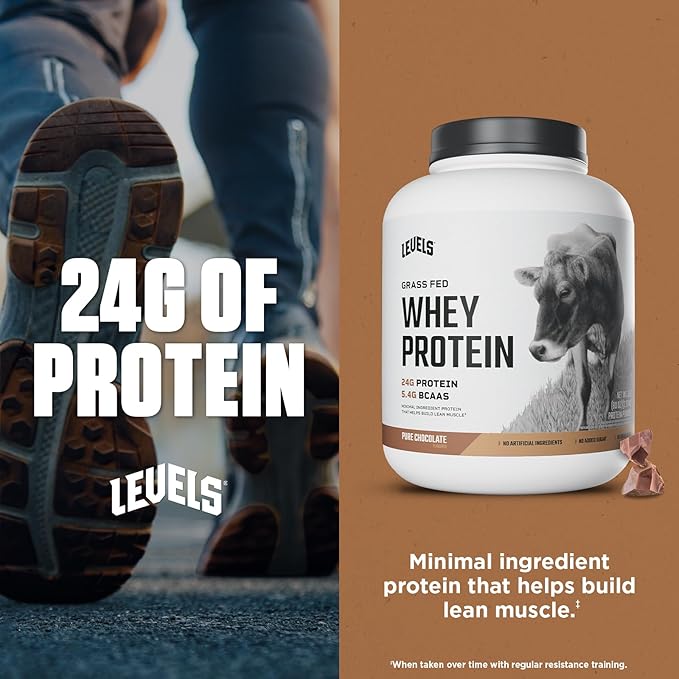 Levels Grass Fed Whey Protein Powder, No Artificials, 24G of Protein, Pure Chocolate, 5LB