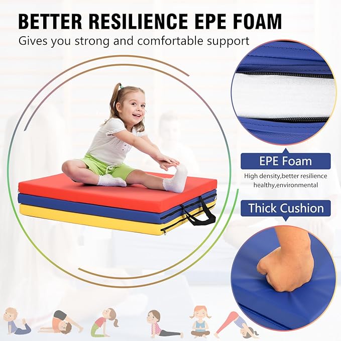 Gymnastics Tumbling Mats Portable Gymnastics Mat Foldable Tumbling Mat 2'x6'/4'x8' PU Leather Exercise Mat Yoga Mat with Carrying Handles for home Workout outdoor Yoga Gymnastics