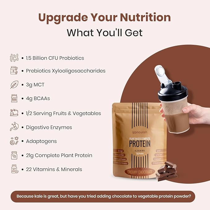 UpNourish Chocolate Vegan Protein Powder 54 Superfoods Powder,1.5 Billion CFU Probiotics 21g Plant Based Protein,No Sugar No Dairy No GMO Dairy Free,Meal Replacement Shake Keto-Friendly Low-Carb Diet,15 Servings