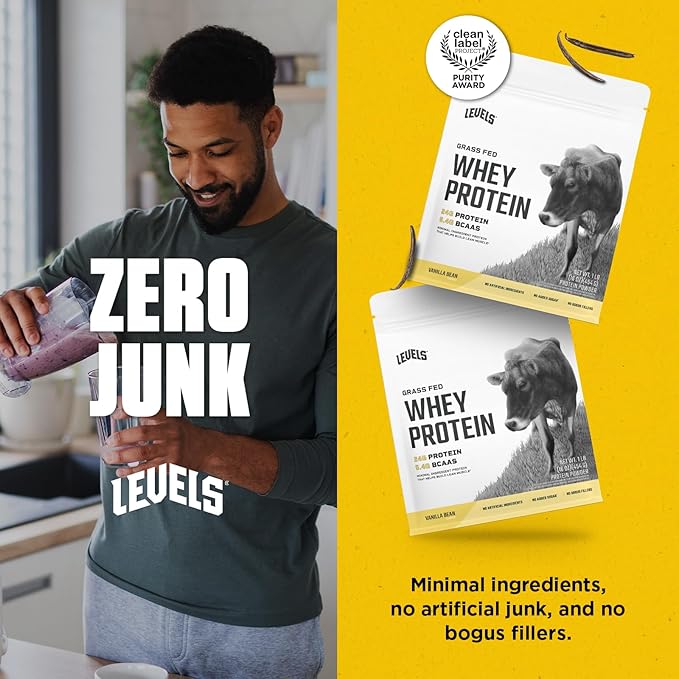 Levels Grass Fed Whey Protein Powder, No Artificials, 24G of Protein, Vanilla Bean, 1LB
