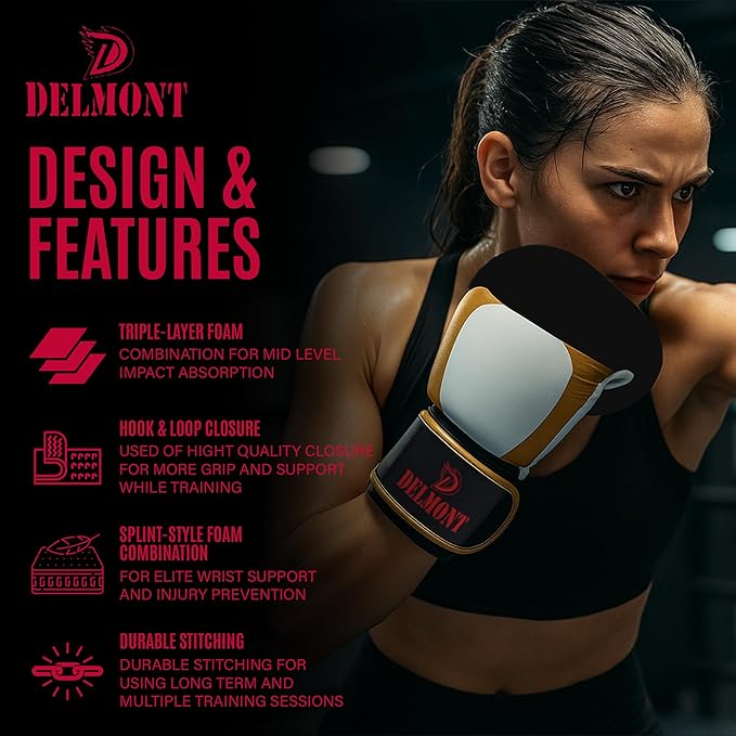 Delmont Boxing Gloves for Men and Women - Heavy Bag, Kickboxing, Sparring & Training Gloves with Multi-Layer Padding, Wrist Support & Breathable Lining - Pro Gloves for Adult Fighters & Beginners