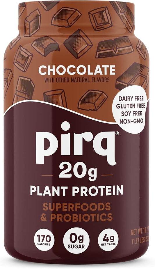 Pirq Dairy Free Protein Powder with 20g Protein, Plant Based, 2B CFU Probiotics, 25 Superfoods Greens and Fruits, Vegan, 0g Sugar (14 Servings) (Chocolate)