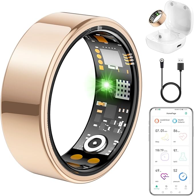 Ring Health Tracker for Women Men, Fit Ring with Heart Rate, Blood Oxygen, Sleep Monitor, Calories, Step Counter, IP68 Waterproof Smart Ring for iPhone & Android, No Subscription Fee (Rose Gold, 8#)