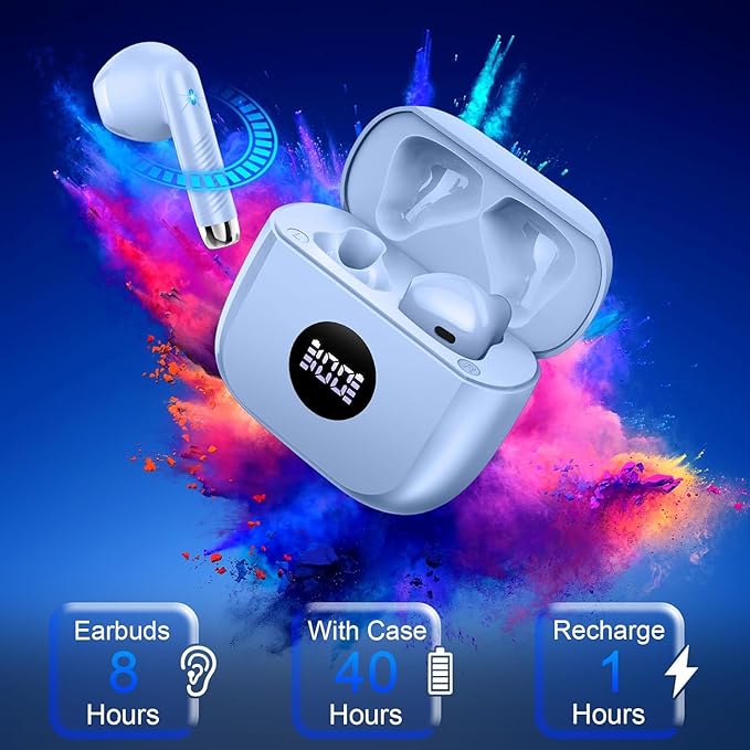 Wireless Earbuds Bluetooth 5.4 , Ear Buds LED Power Display Headphones 6D Stereo, Bluetooth Earbuds in-Ear Noise Cancelling Mic, 40H Playback Mini Case IP7 Waterproof Sports Earphones for Android iOS