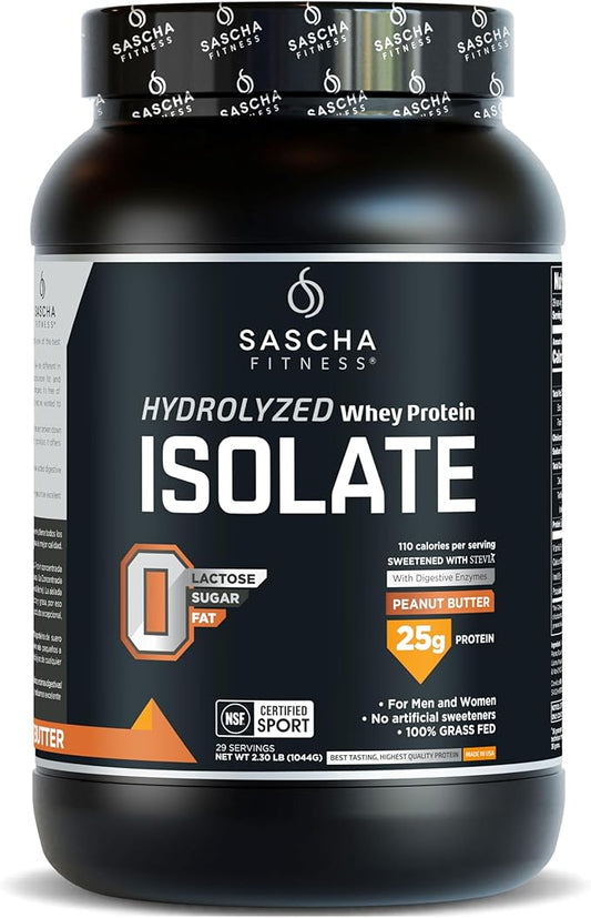 SASCHA FITNESS Hydrolyzed Whey Protein Isolate,100% Grass-Fed (2.3 Pounds, Peanut Butter)