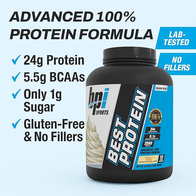 BPI Sports Best Protein – 100% Whey Protein Powder – Muscle Growth, Recovery, Meal Replacement – No Fillers, Gluten-Free – Best Protein Powder for Men & Women | Vanilla Swirl – 5 Pounds