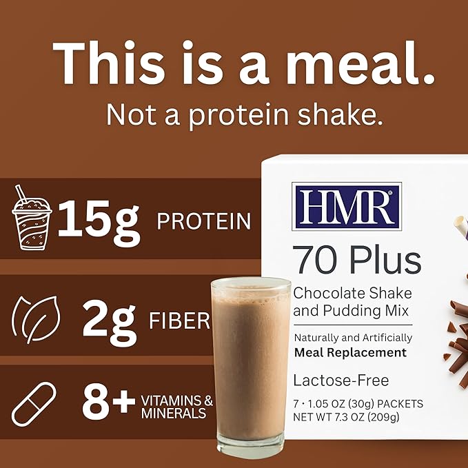 HMR 70 Plus Chocolate Shake & Pudding Mix | Meal Replacement Powder | Lactose-Free | 15g Protein | Easy to Make | Low Calorie | 7 Single Serving Packets each
