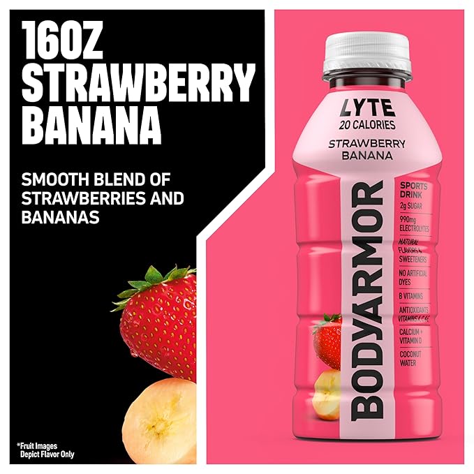 BODYARMOR LYTE Sports Drink Low-Calorie Sports Beverage, Strawberry Banana, Coconut Water Hydration, Natural Flavors With Vitamins, Potassium-Packed Electrolytes, Perfect For Athletes, 16 Fl Oz (Pack of 12)