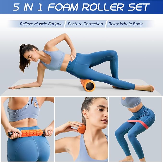 5 in 1 Foam Roller High Density Foam Roller Set for Deep Tissue Muscle Massage, 18" Trigger Point Fitness Exercise Massage Roller, Self-Myofascial Release for Whole Body (Orange)