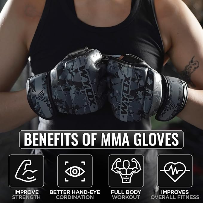 WYOX MMA Gloves for Men & Women – Grappling & Sparring Boxing Gloves with Open Palm Design, Padded Fingerless Training Gloves for Kickboxing, Muay Thai, Youth & Heavy Bag Workouts