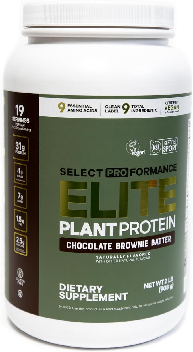 Select Proformance Elite Vegan Plant Protein Powder, Chocolate Brownie Batter, NSF Certified, No Added Sugar, 16g of Protein per Serving, 38 Servings, 2 Lbs