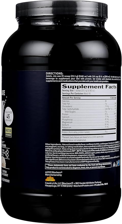 Biochem 100% Whey Isolate Protein - Natural Flavor - 20g of Protein - Pre & Post Workout - Meal Replacement - Keto-Friendly - Easily Digestible - Silky Smooth Taste - Easy to Mix (36.9 oz)
