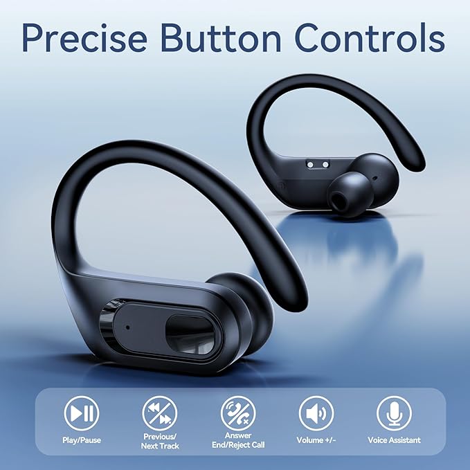 occiam Active Noise Cancelling Ear Buds Wireless Earbuds Bluetooth Headphones 96Hrs Playback LED Display Over-Ear Waterproof Earphones with Earhooks Mics Clear Call for Sport/Running/Workout Black