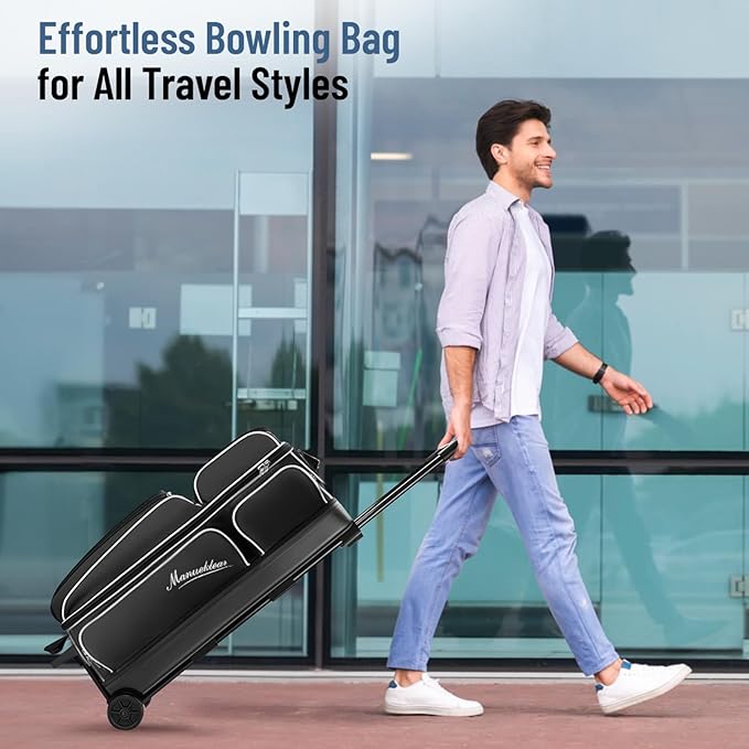 MANUEKLEAR 3 Ball Bowling Bags with Wheels, Bowling Ball Bag 3 Ball Roller with Accessory Pockets and Shoe Compartment