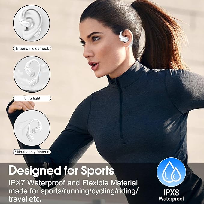 Open Ear Headphones, Bluetooth 5.4 Headphones Sports, Premium Sound with HD Mic Wireless Earbuds, 48H Playtime LED Power Display Ear Buds, IPX7 Lightweight Comfort Earphones for Running, White
