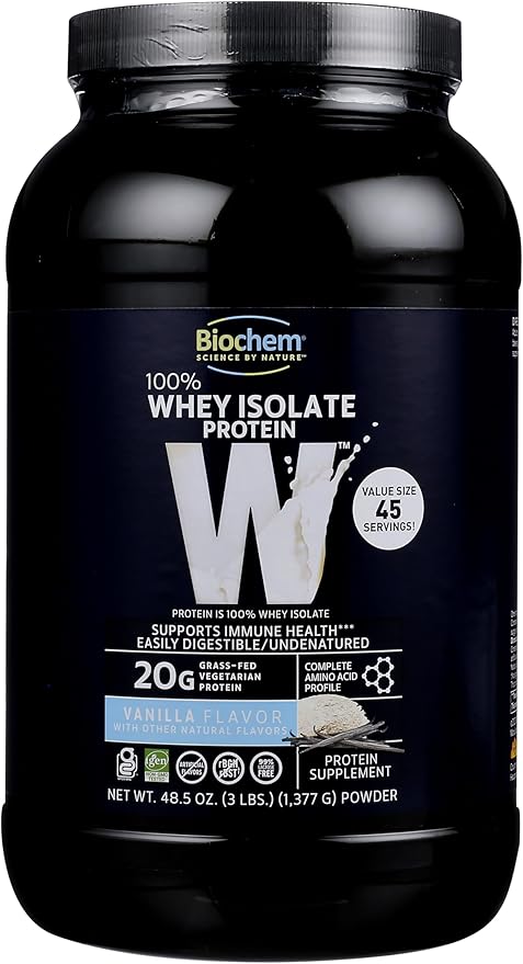 Biochem 100% Whey Isolate Protein Powder, Vanilla Flavor, 20g Grass-Fed Protein, Keto Friendly, Gluten Free, Easily Digestible, Vegetarian, 48.5 oz, 45 Servings