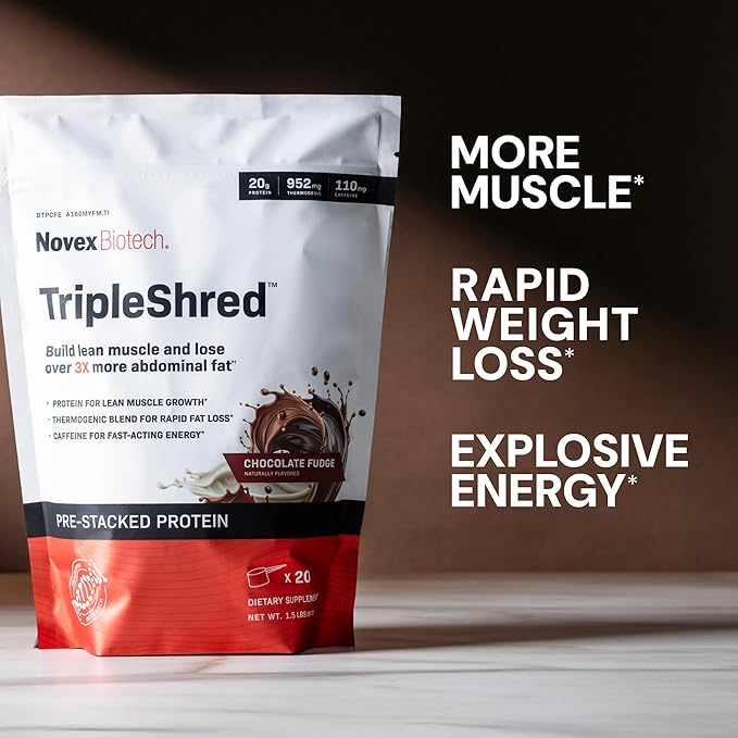 Novex Biotech TripleShred Protein - Pre-Stacked Protein - Increase Energy and Focus - Build Muscle - Chocolate Fudge, 20 svgs