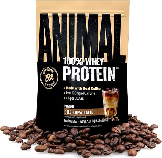 Animal 100% Whey Protein Powder Instant Iced Coffee – Real Coffee for Preworkout, Post Workout Whey Blend + 20g of Protein Shake, 120mg of Caffeine Meal Replacement with BCAA – Cold Brew Latte, 1 lb