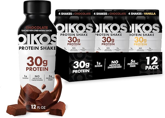 Oikos Protein Shake, Exclusive Variety Pack, 30g High Protein Drinks, Shelf Stable, Ready to Drink, 5g Prebiotic Fiber, 12 fl oz Bottle (8 ct Chocolate, 4 ct Vanilla)