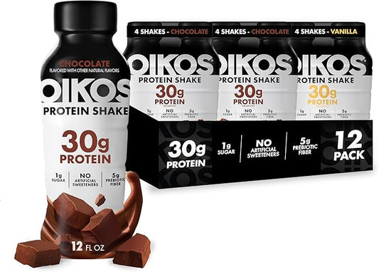 Oikos Protein Shake, Exclusive Variety Pack, 30g High Protein Drinks, Shelf Stable, Ready to Drink, 5g Prebiotic Fiber, 12 fl oz Bottle (8 ct Chocolate, 4 ct Vanilla)