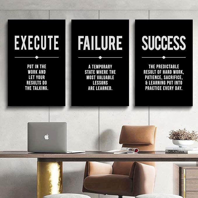 Framed Canvas Wall Art Success Quote, Office Wall Art, Black Large Poster, Positive Motivational Set of 3 Prints, Execute Failure Definition, Inspirational Print (A-3pcs,24x36inchx3pcs)