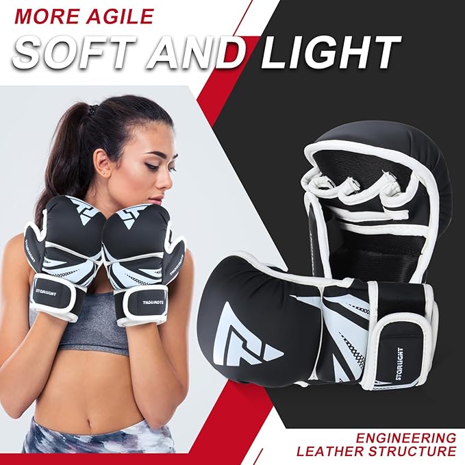 MMA Gloves for Sparring Grappling, Hybrid Open Palm Martial Arts Mitts, Maya Hide Leather Wrist Support, Fighting Combat Sports MMA Boxing Glove for Men Women Punching Bag Muay Thai Training