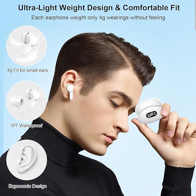 Wireless Earbuds, 2025 Bluetooth Headphones V5.3 HiFi Stereo Ear buds with ENC Noise Cancelling Mics, 40H Bluetooth Earbuds with Dual LED Display, IP7 Waterproof Earphones for Android iOS, White
