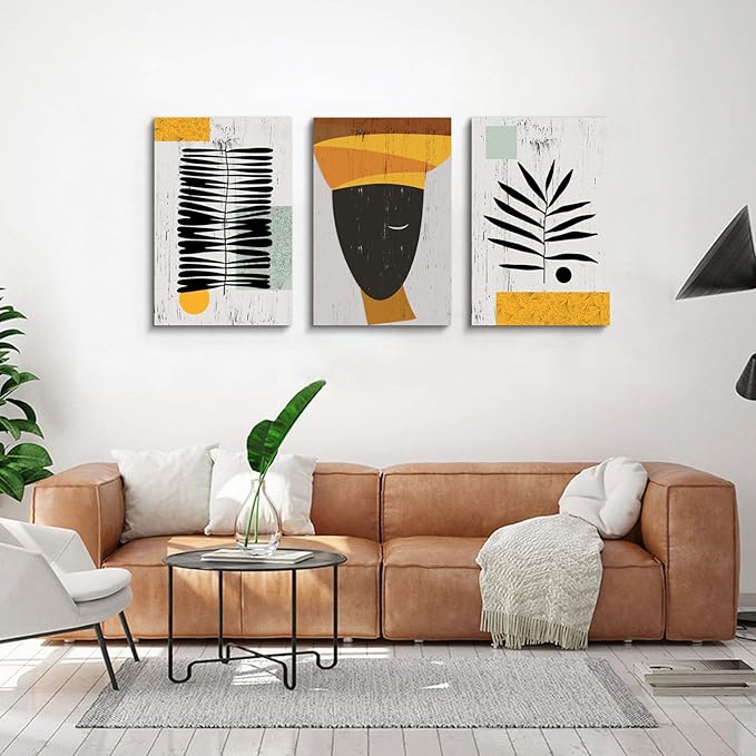 Framed Canvas Wall Art African Ethno Motive Wall Art Set, Abstract Ethno Art, African American Woman Portrait, Black Orange Print, Contemporary Collage, Minimalist (S-3pcs,20x30inchx3pcs)