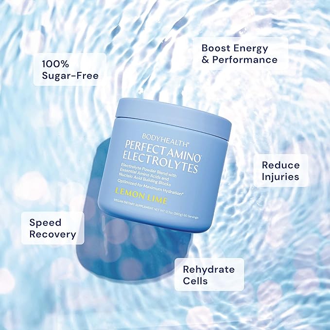 BodyHealth PerfectAmino Electrolyte Powder No Sugar, Hydration Fasting Keto Zero Sugar Electrolytes Drink Mix with Trace Minerals - Lemon Lime - 60 Servings