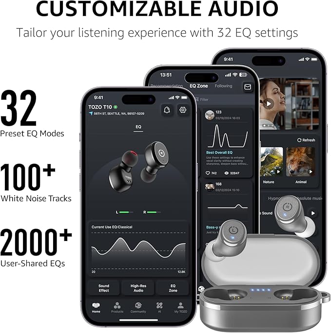 TOZO T10 Wireless Earbuds Bluetooth 5.3 Headphones, App Customize EQ, Ergonomic Design, 55H Playtime, Wireless Charging Case, IPX8 Waterproof Sound in-Ear Headset, 2025 New Version