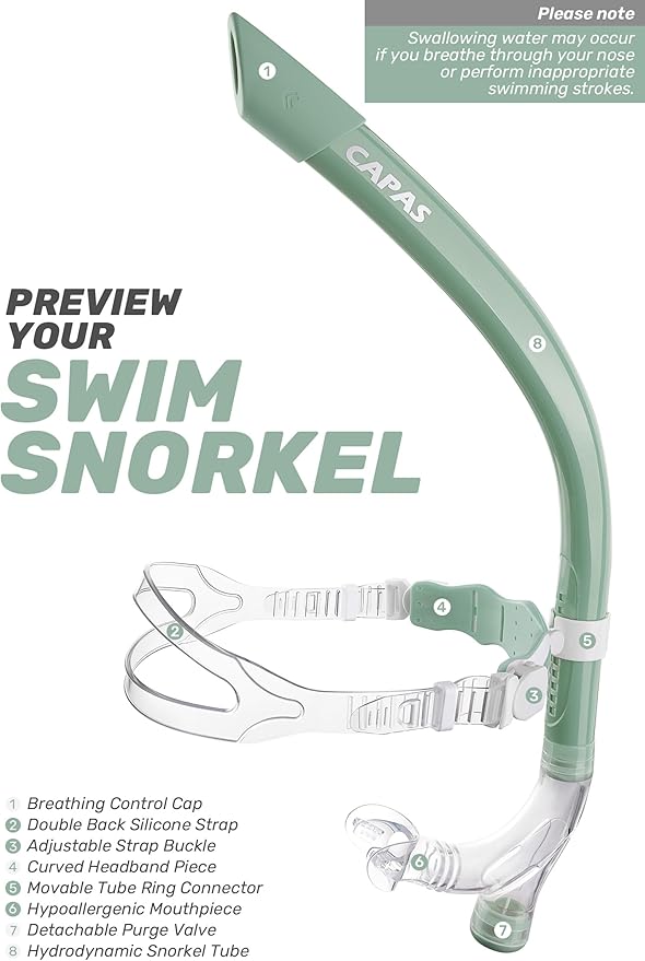 CAPAS Training Swim Snorkel for Lap Swimming, Swivel Headband Ultimate Fit Center-Mount Swimmers Snorkel with Liquid Silicone Mouthpiece Adjustable Strap, Designed for Adult Men Women