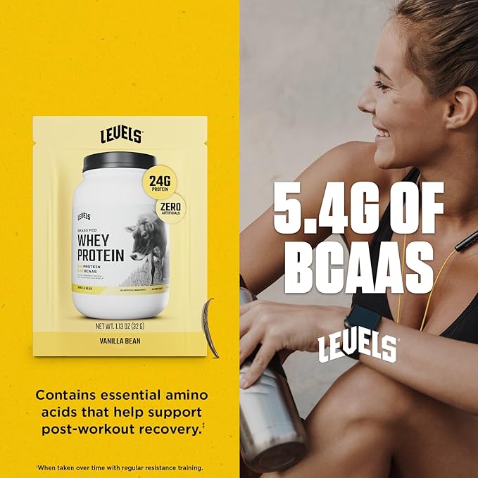 Levels Grass Fed Whey Protein Powder, No Artificials, 24G of Protein, Vanilla Bean, 12 Count