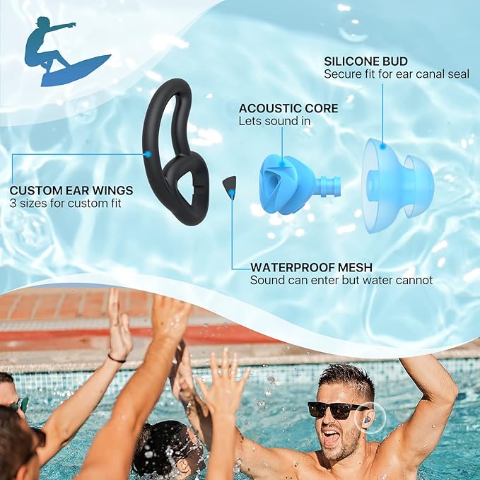 Hearprotek 2 Pairs Swimmer Ear Plugs, Upgraded Custom-fit Water Protection Adult Swimming earplugs for Swimmers Water Pool(Sky Blue)