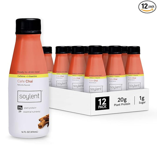 Soylent Complete Nutrition Gluten-Free Vegan Protein Meal Replacement Shake, Cafe Chai, 14 Oz, 12 Pack