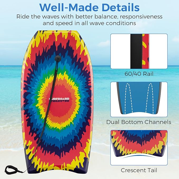 Goplus 41''/37''/33'' Lightweight Body Board for Beach, Surf Board with EPS Core, XPE Deck, HDPE Slick Bottom, Wrist Leash, Bodyboard for Kids Adults Surfing