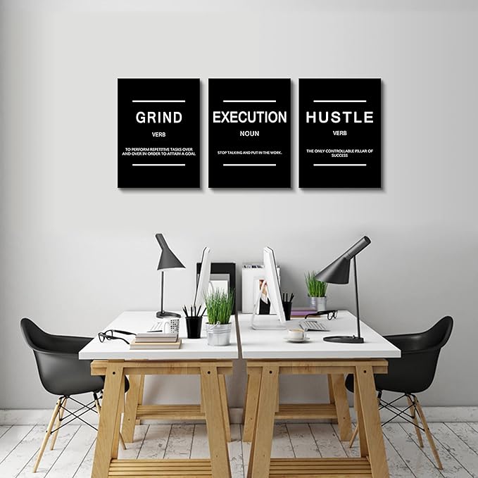 Framed Canvas Wall Art Success Quote, Office Wall Art, Black Large Poster, Positive Motivational Set of 3 Prints, Execute Failure Definition, Inspirational Print (B-3pcs,12x16inchx3pcs)