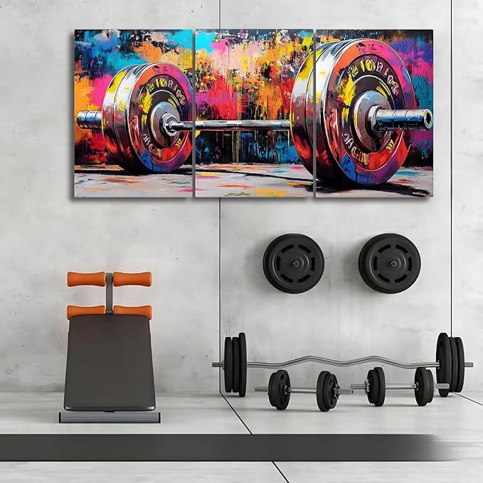 sawjug Gym Barbell Wall Decor, Colorful Graffiti Canvas Wall Art, Gym Motivational Wall Art, Colorful Pictures Wall Decor, Wall Painting for Living Room, Bedroom (24" x 36" x 3 pcs)