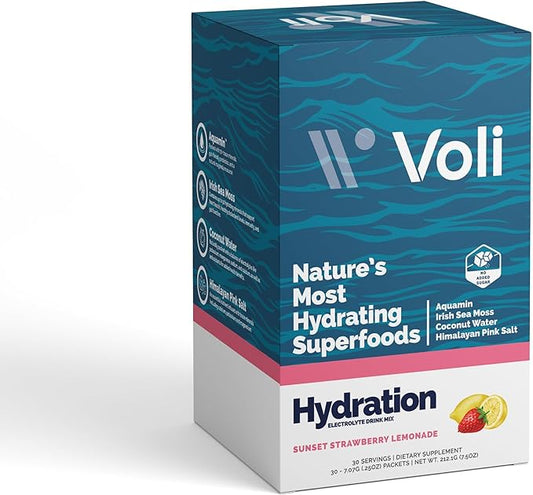 Voli Electrolytes Powder Packets | No Added Sugar Electrolyte Drink Mix for Hydration | Keto & Fasting Friendly, Natural Superfoods & Minerals | Strawberry Lemonade, 30-Count
