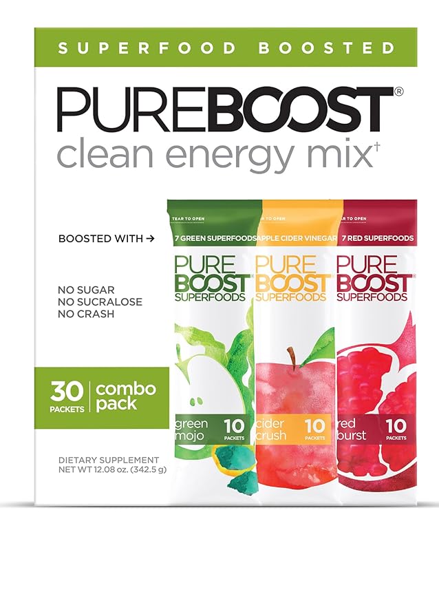 Pureboost Superfoods Clean Energy Booster, Energy Drink Mix with Apple Cider Vinegar, 7 Organic Red or Green Superfoods. Sugar-Free, No Sucralose, Electrolytes (Combo Pack, 30 Count)
