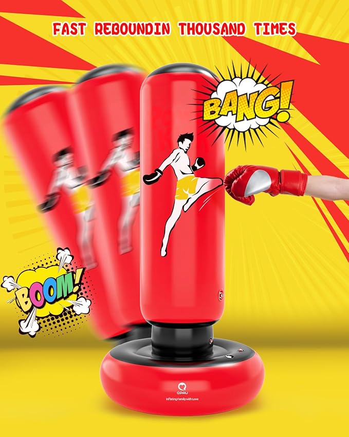QPAU Kids Punching Bag Toy with Boxing Gloves, 66 Inch Larger Stable Kids Inflatable Boxing Bag Set, Gifts for Boys & Girls Age 6-12, for Practicing Karate, Taekwondo, MMA