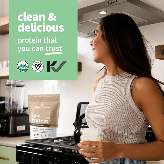 Sprout Living, Epic Protein, Plant Based Protein & Superfoods Powder, Complete Coffee | 20 Grams Organic Protein Powder, Adaptogens, Mushrooms, Vegan, Non-GMO, Gluten Free (2 Pound, 24 Servings)