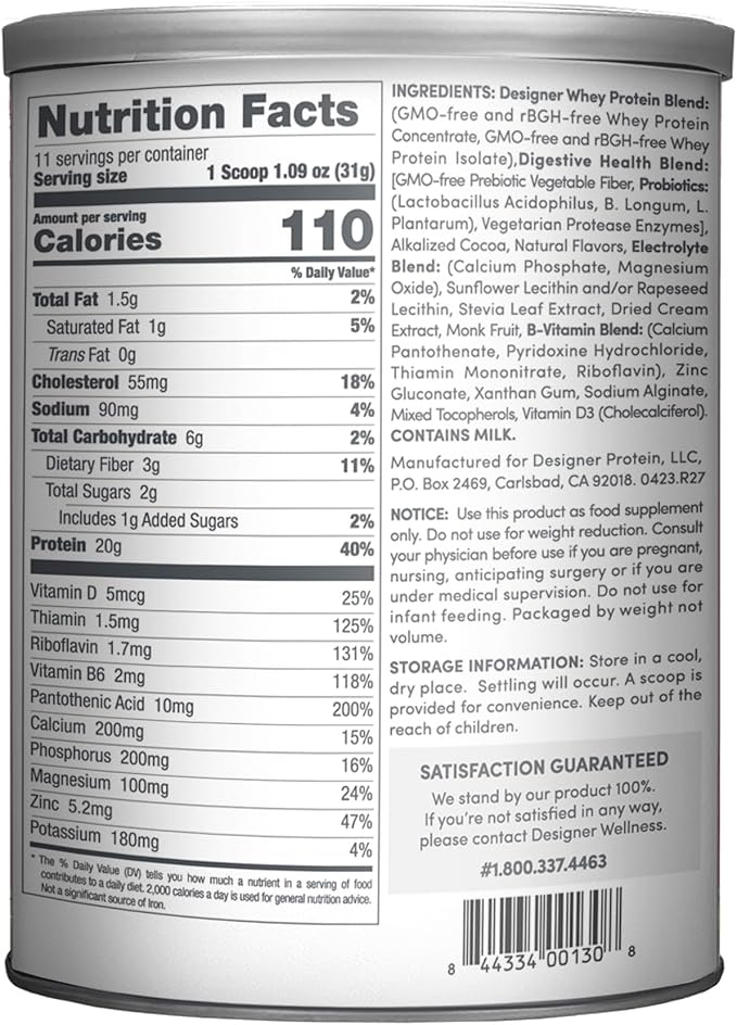 Designer Wellness Designer Whey Natural 100% Whey Protein Powder with Probiotics , Fiber, and Key B-Vitamins for Energy, Gluten-free, Non-GMO, Gourmet Chocolate 12 oz