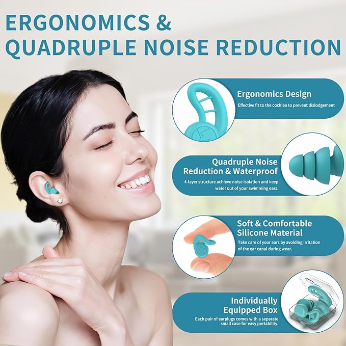 Swimming Ear Plugs for Adults, 6 Pairs Reusable Silicone Waterproof Colorful Swim Earplugs for Swimming Showering Snorkeling Surfing and Water Sports, Water Ear Plugs for Men and Women