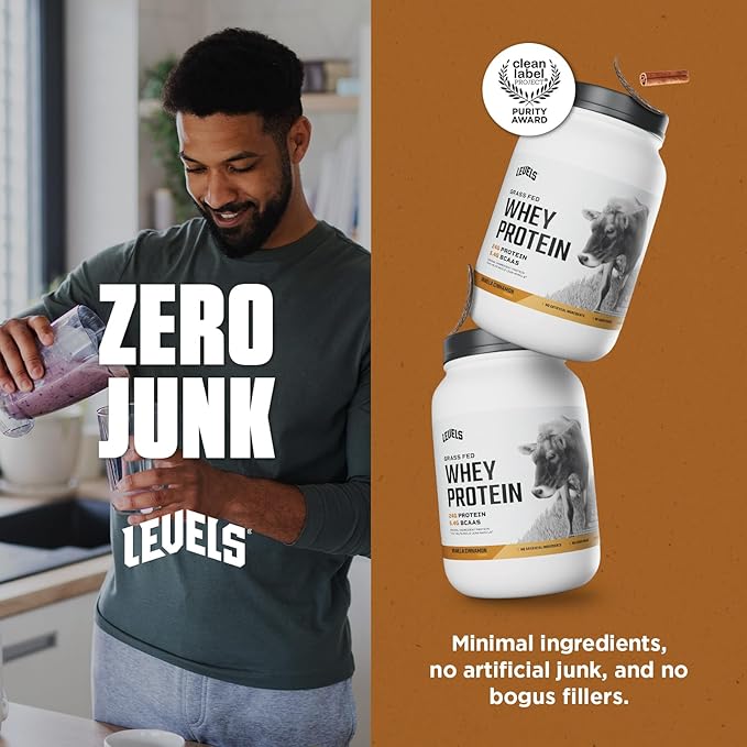 Levels Grass Fed Whey Protein Powder, No Artificials, 24G of Protein, Vanilla Cinnamon, 2LB