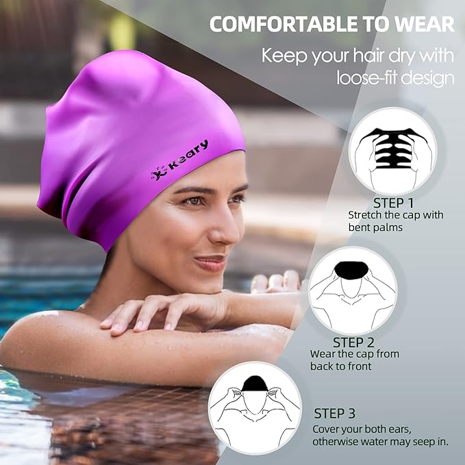 Keary Extra Large Swim Cap for Braids and Dreadlocks Extensions Weaves Long Hair, Waterproof Silicone Cover Ear Bath Pool Shower Swimming Cap for Adult Youth to Keep Hair Dry, Easy to Put On and Off