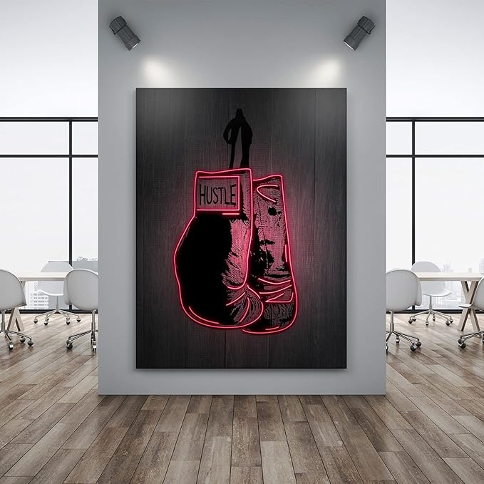 Boxing Gloves Neon Canvas Print Motivational Canvas Print Wall Art Office Decor, Entrepreneur Motivation, Hustle Artwork, Boxing Neon Print, Fighter Gym Sign, Hustler Art Neon Sign (40" x 30")