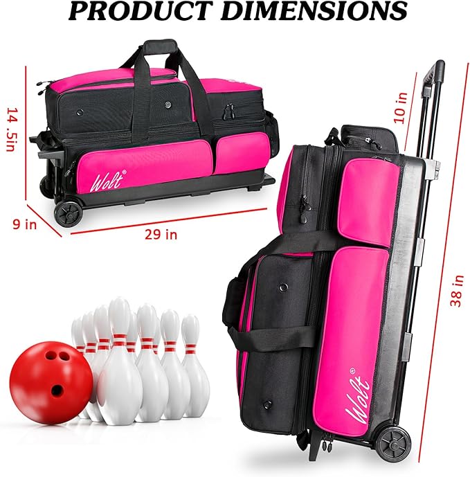 WOLT 3 Ball Bowling Bags with Wheels,Bowling Ball Bag 3 Ball Roller with Separate Shoe Compartment and Accessory Pocket, Retractable Handle Extends to 38’’